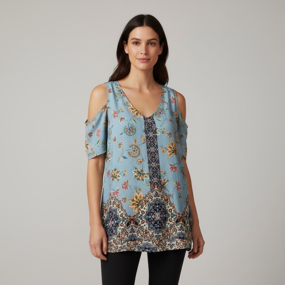 DR2 Women's Floral Patterned Blouse - Light Blue and Multicolor
